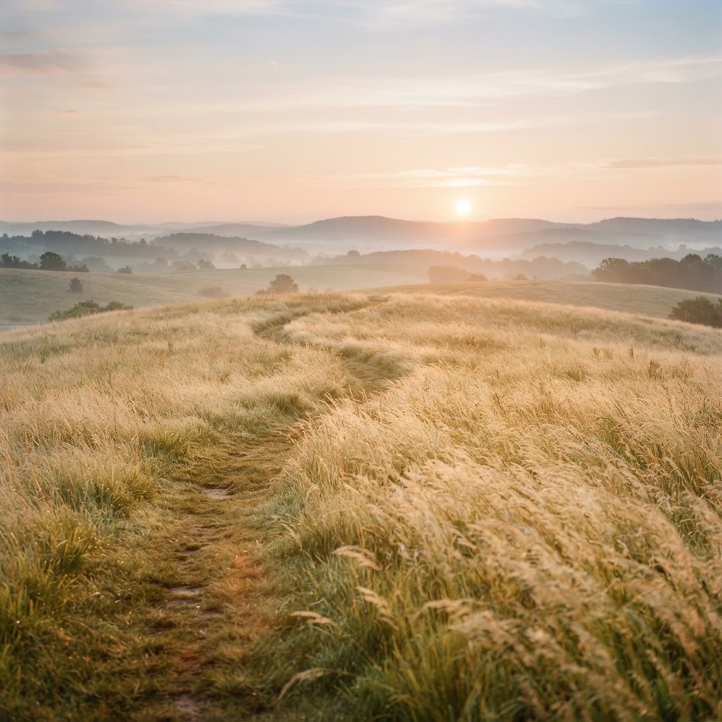 Un sendero sereno atravesando un prado dorado al amanecer, símbolo de un camino esperanzador
